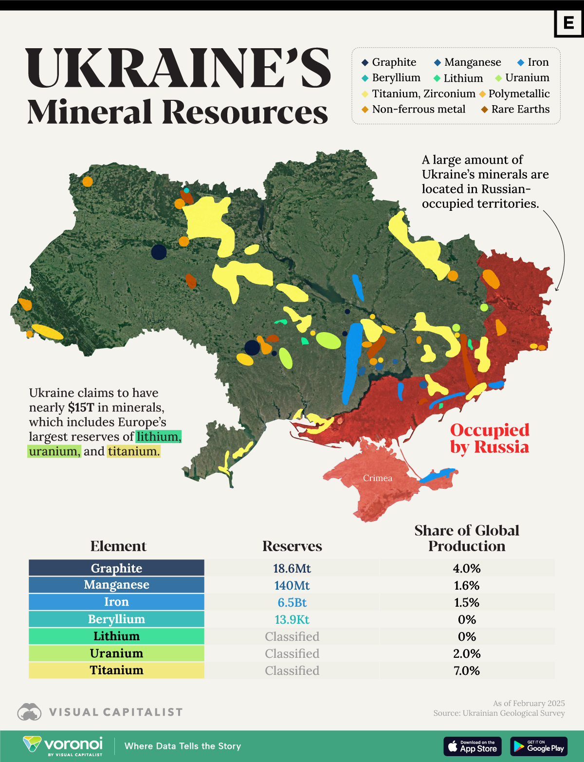 This map shows Ukraine's mineral resources according to data from the Ukrainian Geologic Survey.