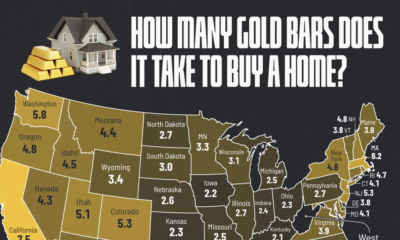 Map showing how many gold bars it takes to buy a house in each US state.